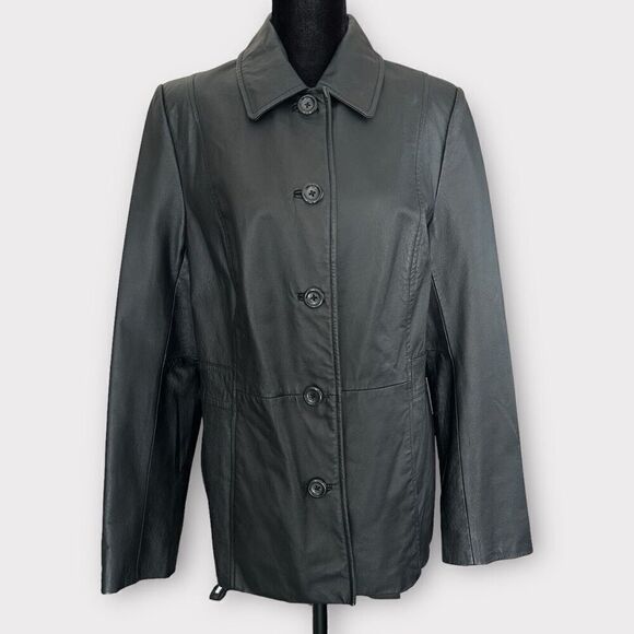 Croft & Barrow Woman's Leather Jacket Coat Size M Button Up Front Red Lining - Picture 1 of 11